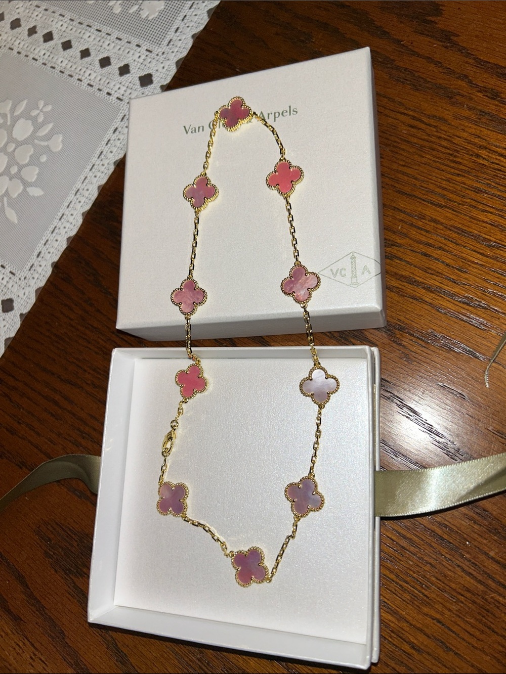 Van Cleef & Arpels Pink Alhambra Motif Necklace in Gold